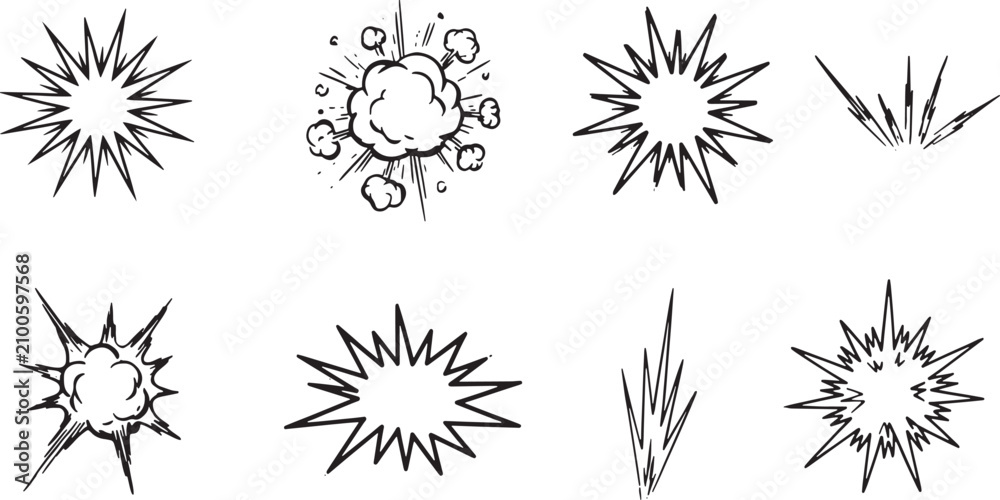 Obraz premium comic style explosion and action icons in black ink, Comic book explosion icons. Hand drawn ink blast shapes. Pop art action set