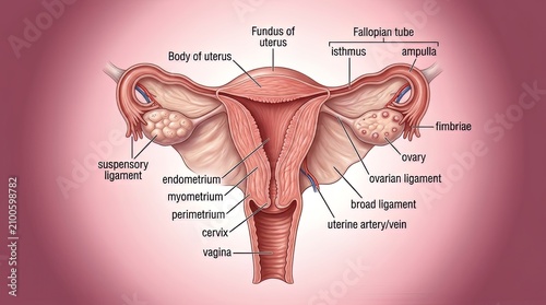 Detailed anatomical illustration of the female reproductive system, showcasing the uterus, fallopian tubes, ovaries, and associated ligaments and structures with clear labels