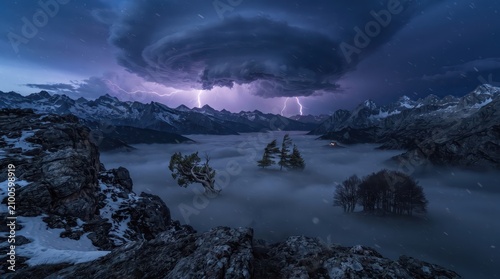 A breathtaking, wide-angle landscape photograph depicting a massive, rotating supercell cloud with multiple lightning bolts striking a snowy mountain range above a thick blanket of valley fog.