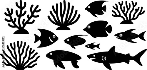 Schilderij op canvas Black silhouettes of various fish and coral reefs on white background