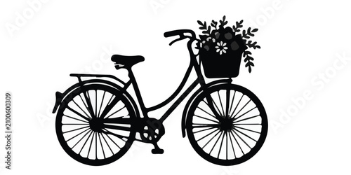 Foto Vintage bicycle silhouette with flower basket, classic retro city bike vector il