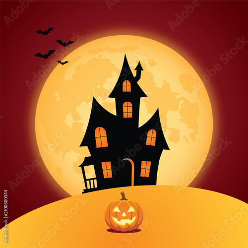 Spooky Haunted House with Jack O Lantern, Full Moon and Flying Bats on Halloween Night / logo 
