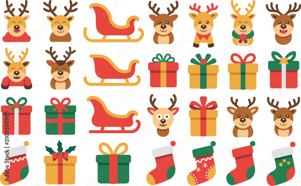 Fototapeta premium Christmas characters flat design vector icons collection with reindeer head sleigh gift box