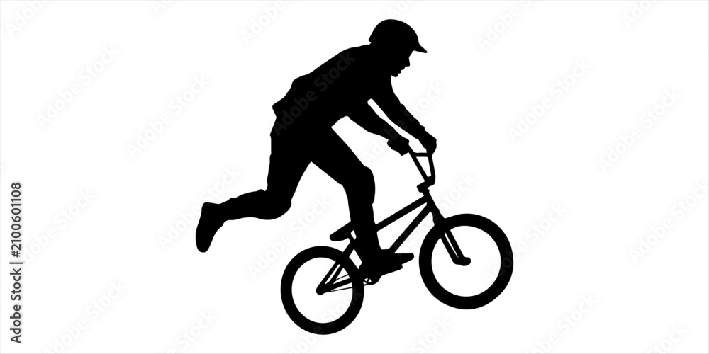 Obraz premium BMX Rider Silhouette Vector – Extreme Bicycle Stunt Athlete Black Icon for Sports and Action Design Cyclist Performing BMX Trick Silhouette – Freestyle Bike Rider Vector Illustration for Urban Sports 