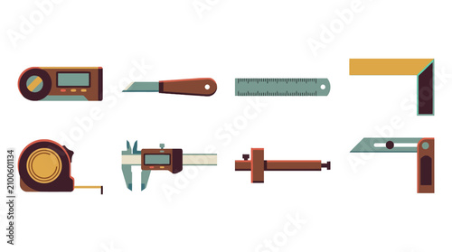 Assorted woodworking tools including tape measure, utility knife, ruler, saw, and clamps in a workshop setting