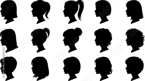 Collection of various female head silhouettes in different hairstyles and profiles