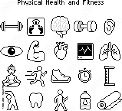 Pixel Art Physical Health and Fitness Icon Set Isolated