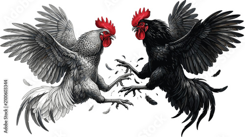 Foto Dynamic Cockfighting Vector Illustration Featuring White and Black Roosters Aggr
