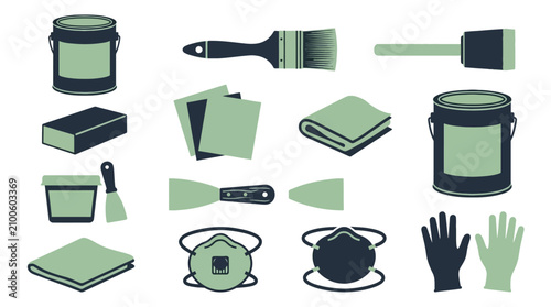 Home renovation tools and supplies: paintbrush, paint cans, scraper, roller, sponge, towels, jars, gloves, mask, knife, and cleaning spray for painting and DIY projects