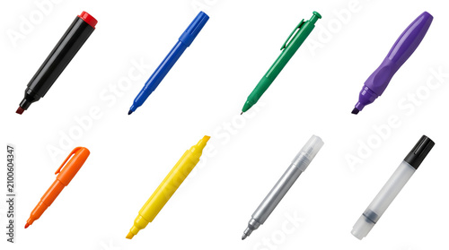 Set of colorful felt tip pens and permanent markers isolated on transparent background for projects