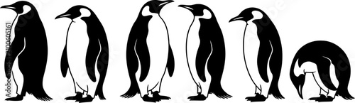 Принти на полотні Set of penguins in different poses standing and bending down on white background