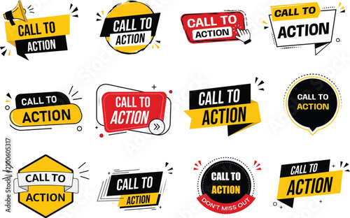 Modern Call to Action Banner Vector Set, Geometric CTA Labels, Marketing Promotion Stickers, Web UI Button Ribbons Collection, Flat Editorial Design