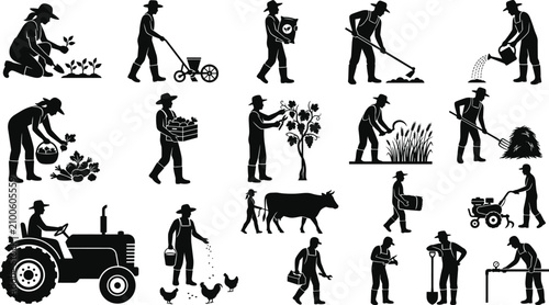Fotografie Organic farm labor minimalist illustrations bundle showcasing stylized village w