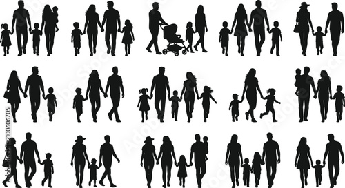 Black silhouettes of household recreation and youth playtime featuring active stepfathers teaching sports mothers training daughters and casual strolls