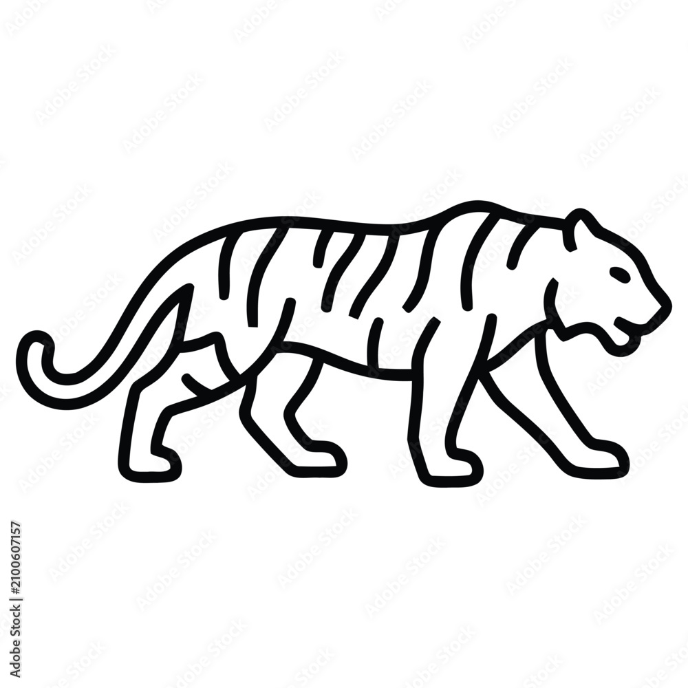 Fototapeta premium Minimalist tiger walking line art illustration. Simple striped big cat vector icon for wildlife design projects.