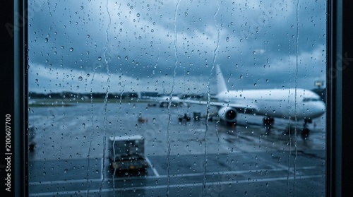 Heavy rain falling on glass window at airport terminal showing commercial airplane on wet tarmac during storm with dramatic cloudy sky and blurred aircraft wings.