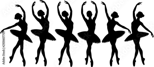 Fotografía Six black silhouettes of ballet dancers in various poses on white background