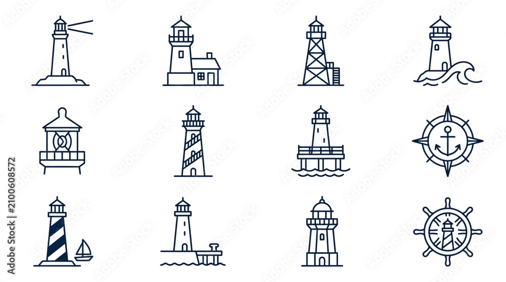 Fototapeta premium Industrial Minimalist Line Drawing Set of Nautical Lighthouses Compasses and Ship Wheel Icons in Monochrome