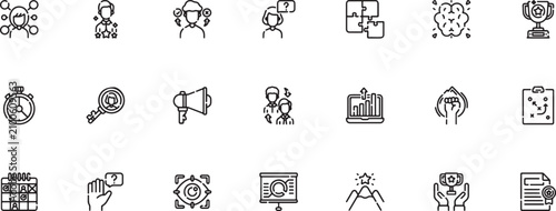 Business Leadership & Strategy icon set showcasing team networking strategic puzzle pieces data analytics growth charts and achievement trophies outline vector graphic