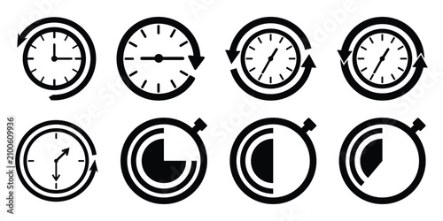 Canvas Print Collection of black clock and stopwatch icons on a white background