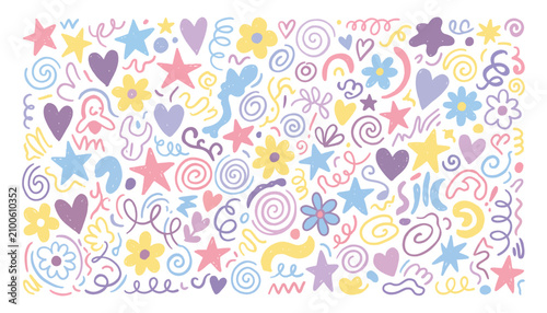 Colorful hand drawn doodle shapes and patterns on a white background