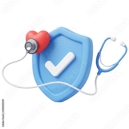 3D plastic health insurance icon with blue shield check mark stethoscope and red heart isolated on white background