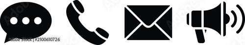 Photos Contact us icons featuring speech bubble, telephone handset, envelope for mail,