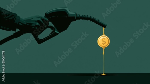 Fuel price concept nozzle dripping oil dollar coin and gold puddle
