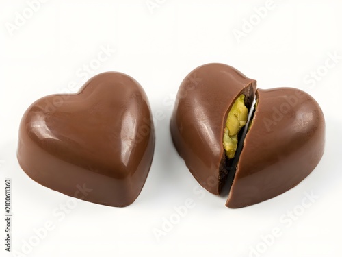 Chocolate heart candies, one cut open to reveal caramel filling, on white background