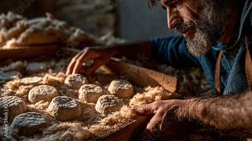 Cheesemaker Leaning Over Rows Of Aging Cheese Wheels