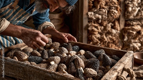 Striped Apron Farmer Sorting Morel Mushrooms By Hand