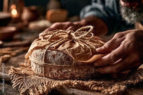 Hands Wrapping Fresh Sourdough Loaf In Paper And Twine