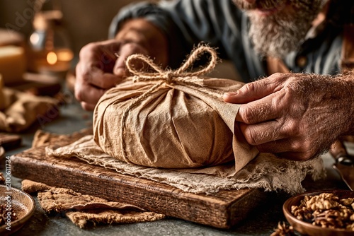 Baker Finishing Twine Knot On Wrapped Bread By Lantern