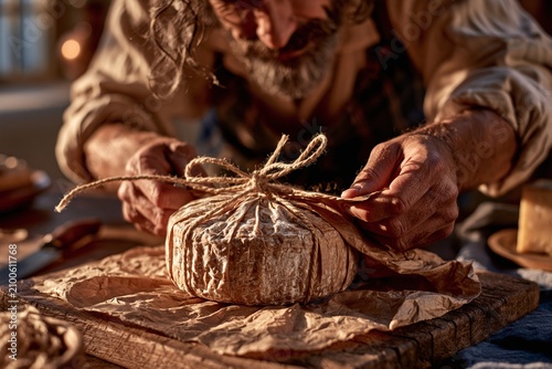 Bearded Baker Tying Twine Around Wrapped Sourdough Bread Loaf