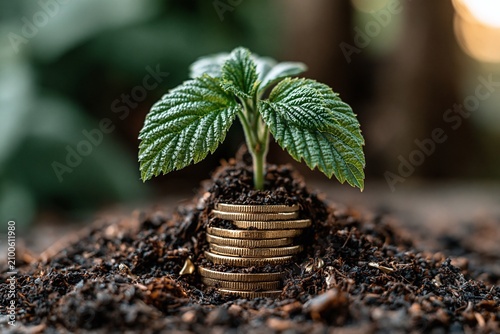 Small Plant Sprout Growing From Stack Of Golden Coins In Soil