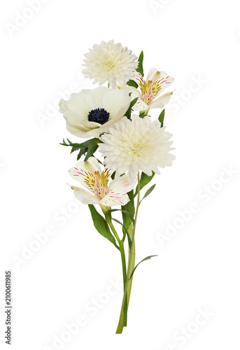 White flowers (alstroemeria; chrysanthemum; anemone) in a small bouquet isolated on white or transparent background