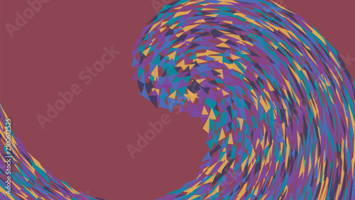 Artistic wave composition with small triangular fragments in blue purple and yellow creating organic flow against deep reddish brown background color.