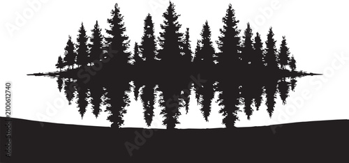 Cuadro en lienzo Pine trees with reflection in water during a clear day vector silhouette