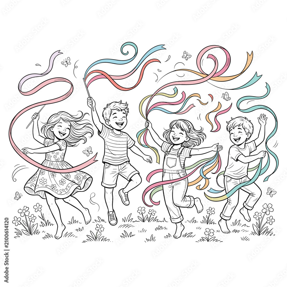 Fototapeta premium Happy children dancing with colorful ribbons