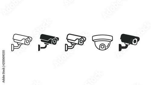 Set of black outline icons representing various security surveillance camera devices