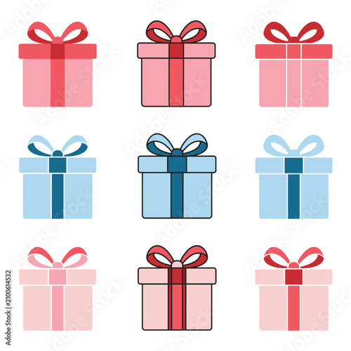 Colorful gift boxes pattern with ribbons on white background festive present arrangement