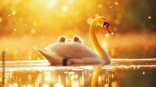 Tranquil swan and cygnets at sunrise on glittering lake. Mother's Day, Mothering Sunday, Dia de la Madre - Global Maternal Celebration, Worldwide Family Holiday