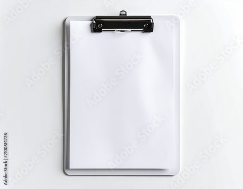 A blank white paper on a white clipboard with a silver clip