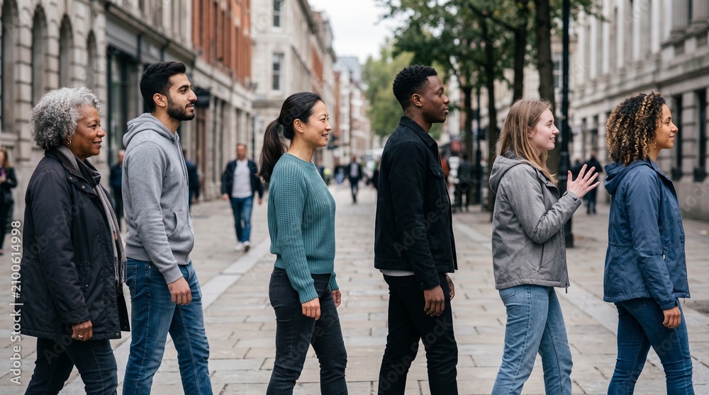 Obraz premium Diverse group of people walking in profile, multicultural men and women on city street, urban lifestyle and community concept, side view of people in casual clothing
