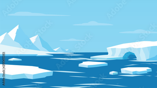 Bild auf Leinwand Frozen Arctic Ocean Landscape with Floating Icebergs and Polar Ice Shelf – Flat Vector Illustration