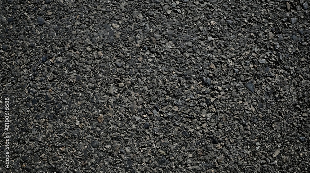 Fototapeta premium Close up of coarse black asphalt texture on road surface with high detail gravel and stone fragments for industrial construction or urban environment backgrounds