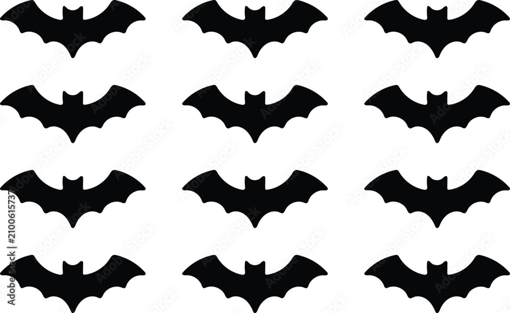 Fototapeta premium Twelve uniform black bat silhouettes in a flying pose arranged in a grid isolated on a white background, for halloween projects
