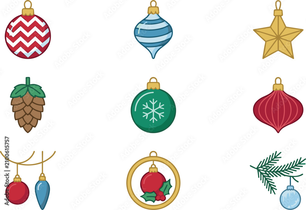 Obraz premium Christmas Ornament Icon Set with Holiday Baubles, Star, Pinecone, Snowflake, Garland, Bell, Pine Branch, and Festive Vector Collection