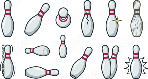 Canvastavla Bowling Pin Icon Set Featuring Standing Falling Broken and Wobbling Pins for Spo