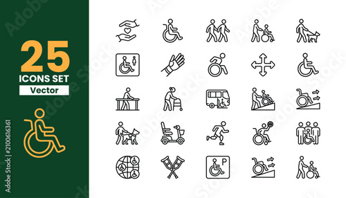 Disability icons set vector collection includes wheelchair user hand sign guide dog bus ramp representing accessibility and support for people with special needs.